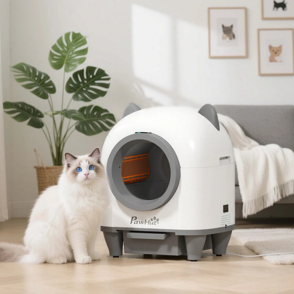 Caixa de Areia Autolimpante para Gatos 80L com Eliminação de Odores e Controlo por APP 55,5x51x60 cm Branco