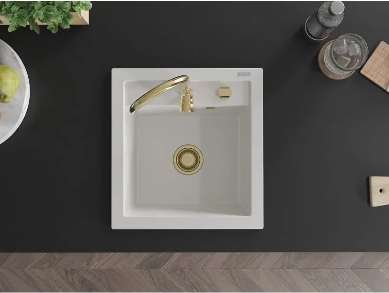 Mexen Vito lava-louça de granito de 1 bacia 520 x 490 mm, branco, sifão dourado - 6503521000-20-G