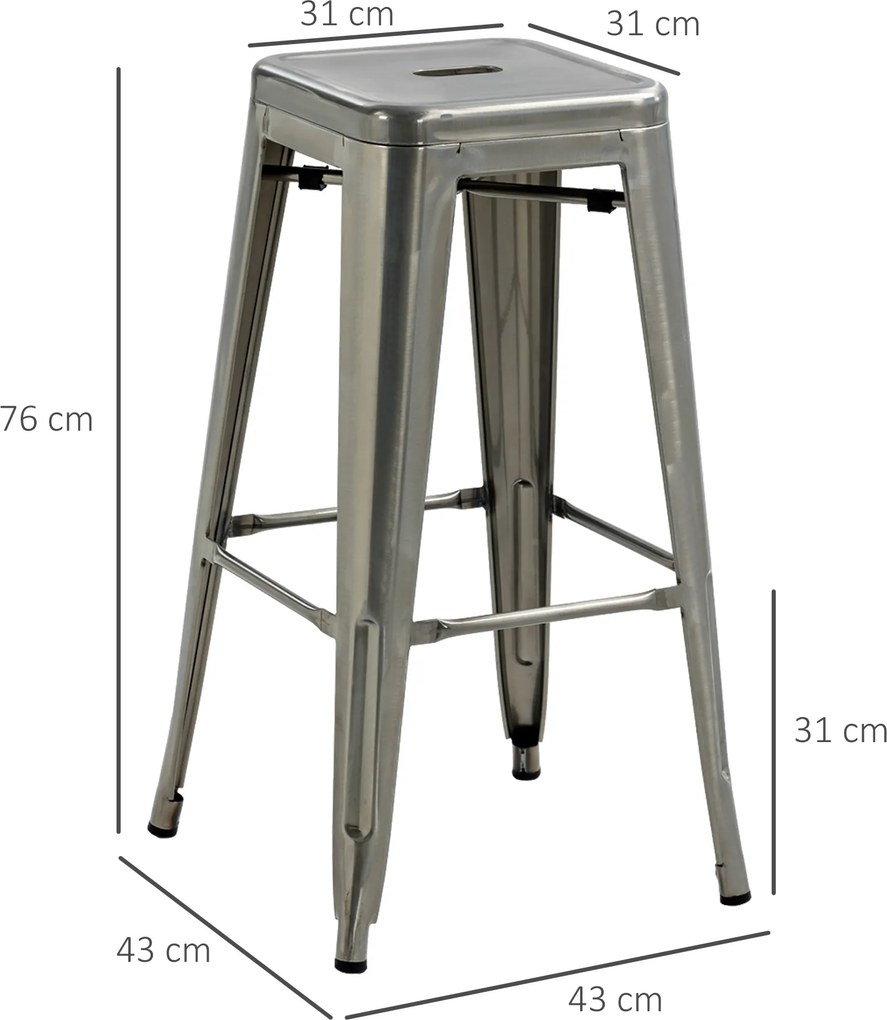 Conjunto de 4 bancos de bar industriais empilháveis (MESA NÃO INCLUIDA), com altura do assento de 76 cm, em metal prateado