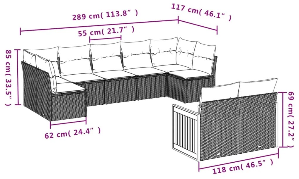 9 pcs conjunto de sofás p/ jardim com almofadões vime PE bege