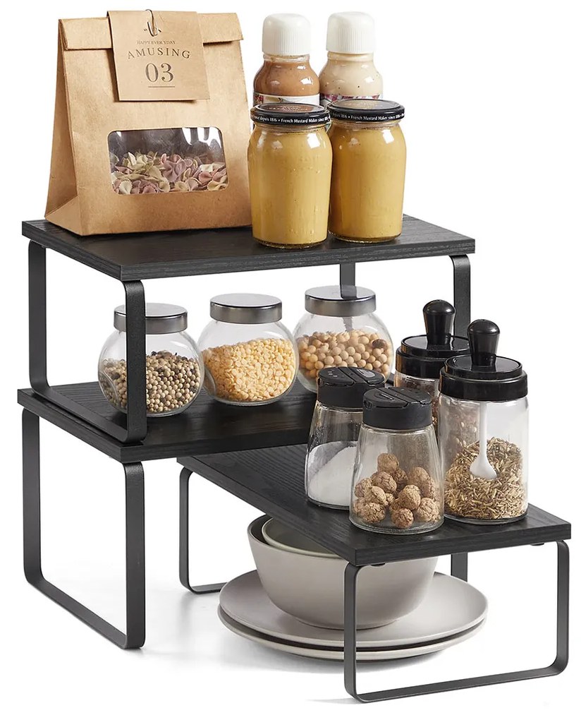 Conjunto de 3 prateleiras cozinha para especiarias empilháveis e extensíveis, cinzento antracite-preto