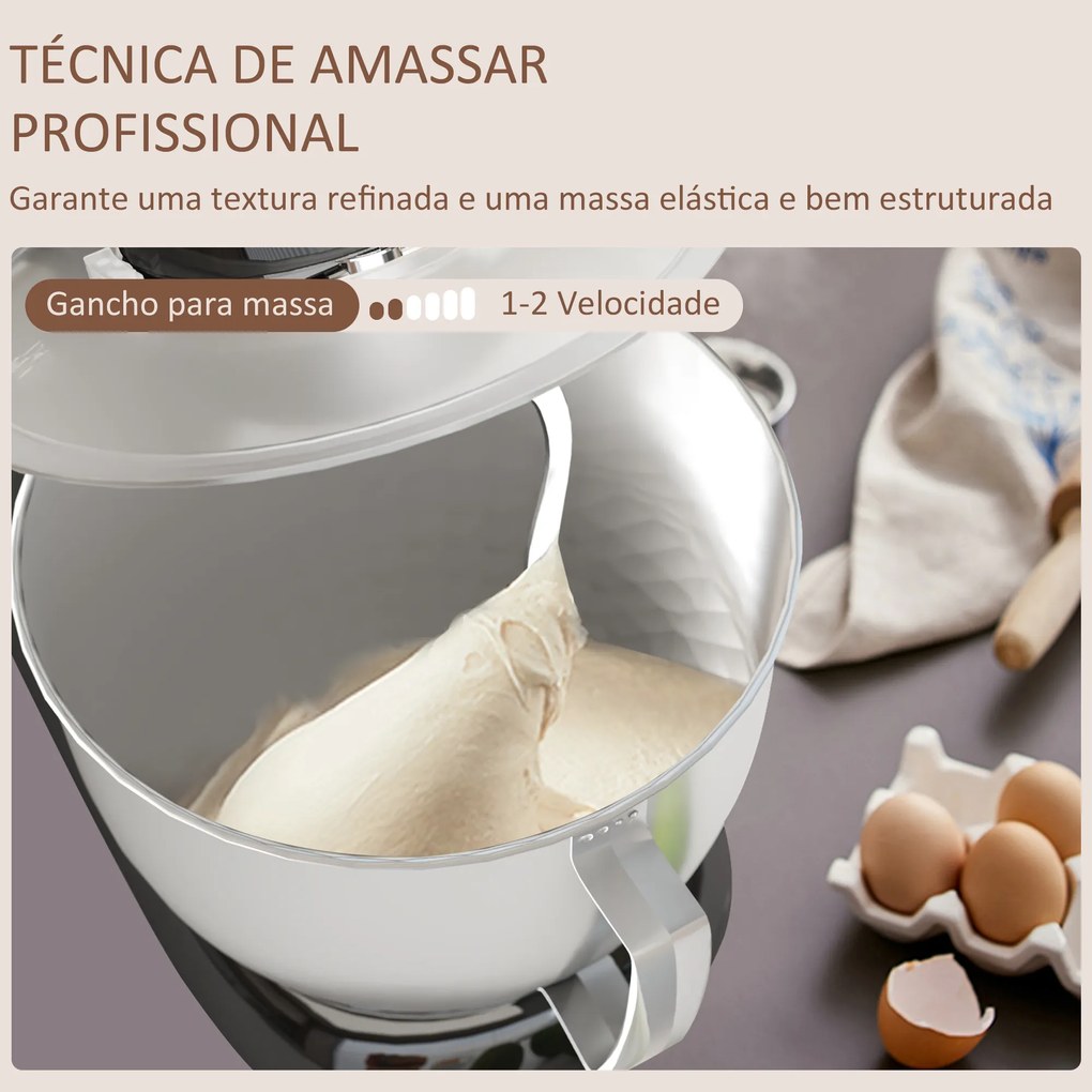 Batedeira 133W 4,5L com 6 Velocidades Tigela de Aço Inoxidável Ganchos e Proteção Tampa Anti-Respingos 35x22x29 cm Preto