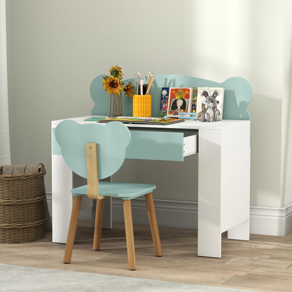 Secretária infantil com cadeira, mesa infantil e cadeira com gaveta e tampo largo, 80 x 41 x 74,5 cm, verde