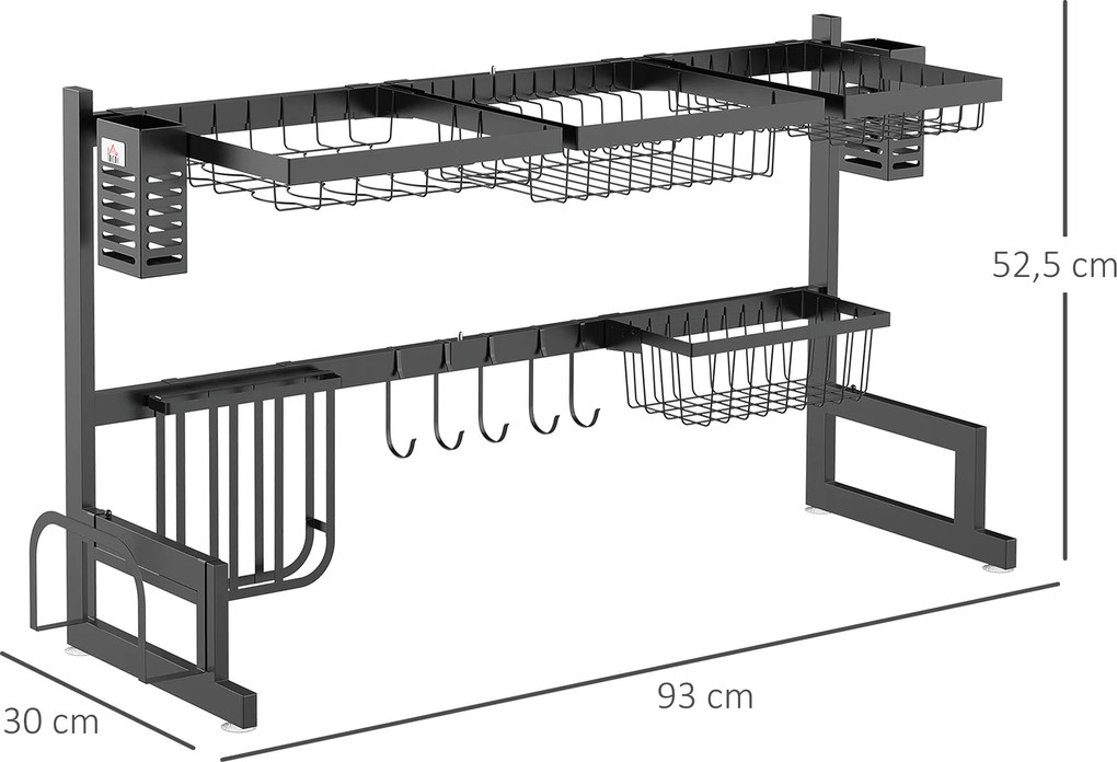 Escorredor de pratos de 2 níveis com porta-facas e suporte para tábua de cortar, 93 x 30 x 52,5 cm, aço preto