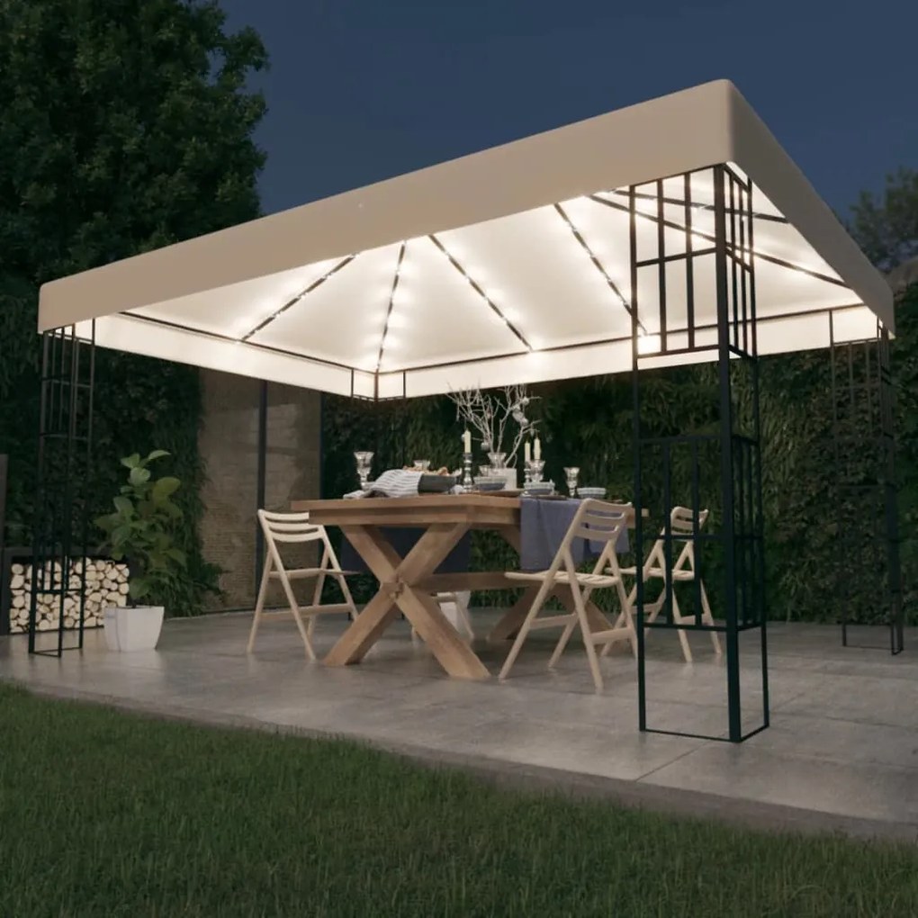 Gazebo com cordões de luzes LED 3x4 m cor creme