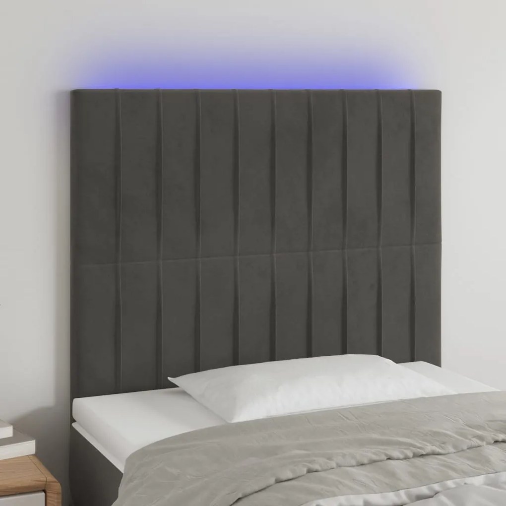 Cabeceira de cama c/ LED veludo 80x5x118/128 cm cinza-escuro