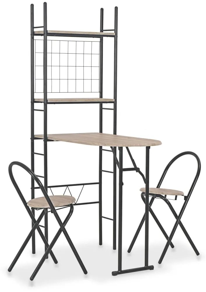 284406 vidaXL 3 pcs conjunto jantar dobrável c/ prateleira MDF e aço