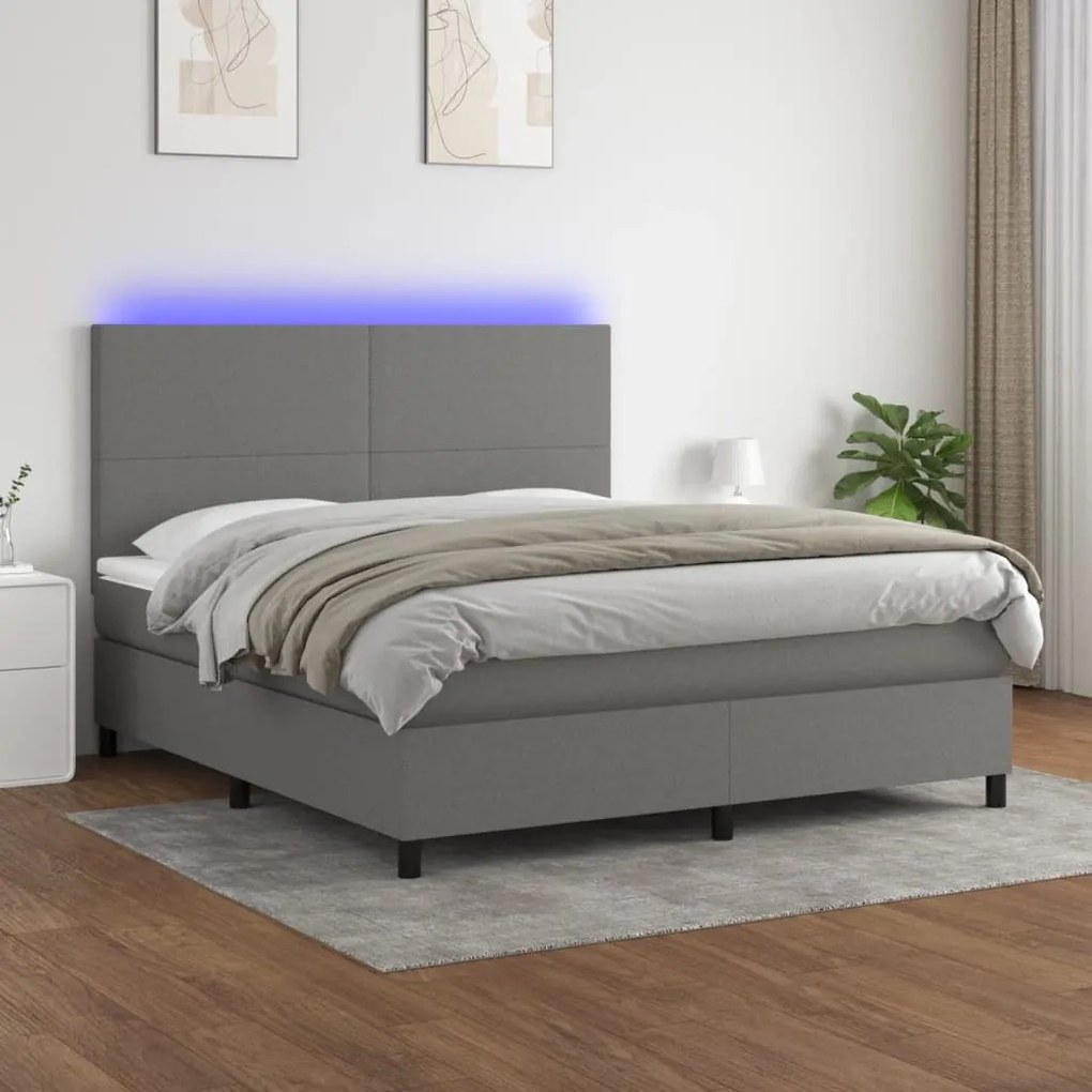 Cama box spring c/ colchão e LED 180x200 cm tecido cinza-escuro