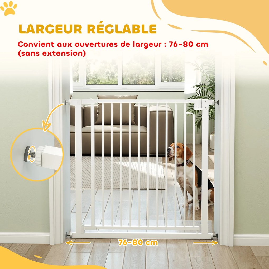 Barreira de segurança para cães e bebés, de 76 a 80 cm, com extensão e fixação por pressão, sem necessidade de perfuração, de 76 a 80 cm, branca