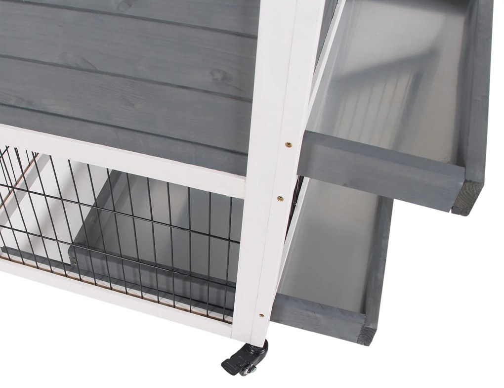 Coelheira de Madeira Interior com Rodas Gaiola para Coelhos Animais Pequenos de 2 Pisos com Zona Aberta Rampa e 2 Bandejas Removíveis 110x50x86cm Cinz