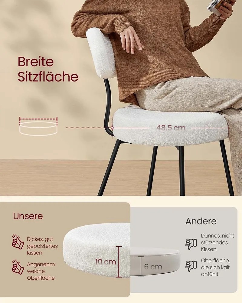 Conjunto de 2 cadeiras de sala de jantar com superfície em velo branco creme