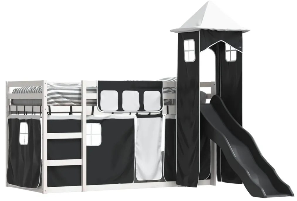Beliche com escorrega e cortinas 90x200 cm branco e preto