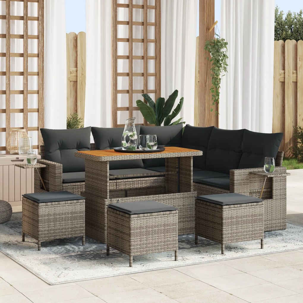 Conjunto de Sofás de Jardim vidaXL de 9 Peças com Almofadas Cinzento Rattan Sintético Acácia