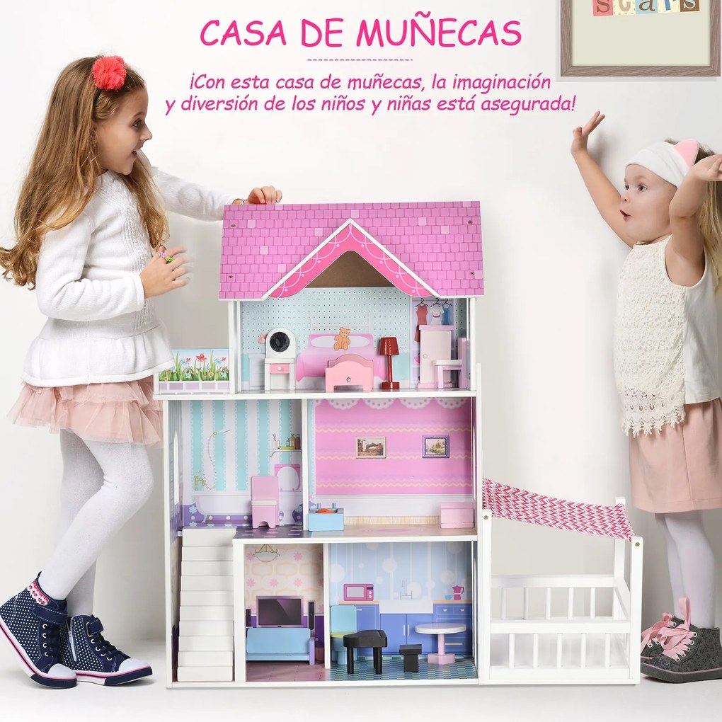 Casa de bonecas 3 andares com Pátio Mobília acessórios Madeira 86x30x8