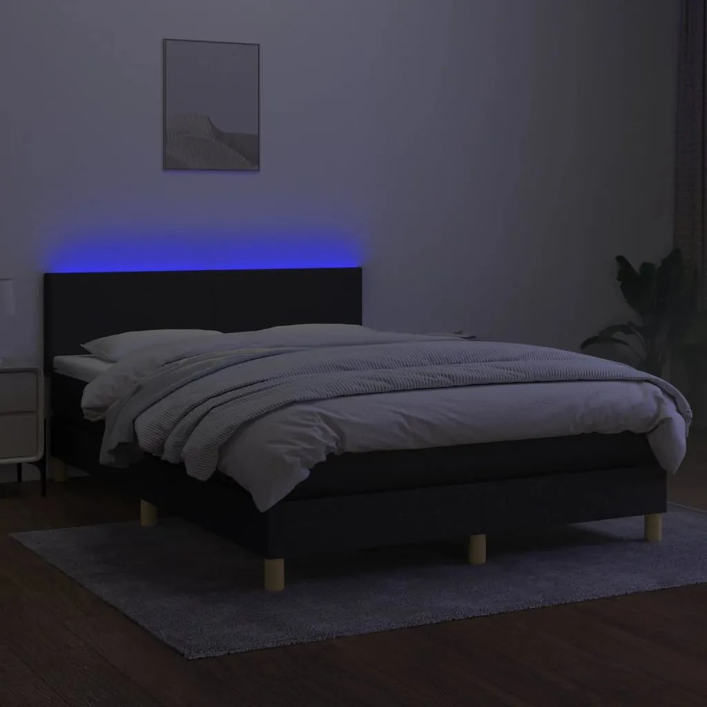Cama box spring c/ colchão e LED 140x200 cm tecido preto