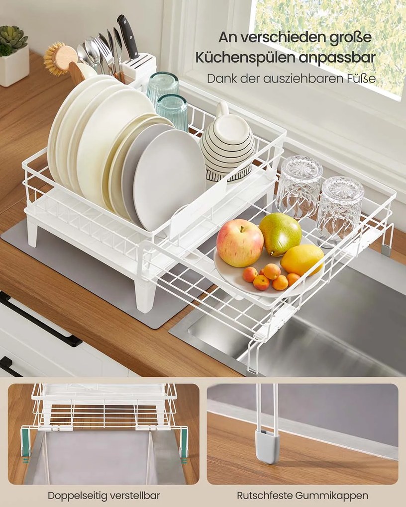 Escorredor de louça com tapete de silicone e ralo (31-56) x 42 x 20 cm branco + cinzento