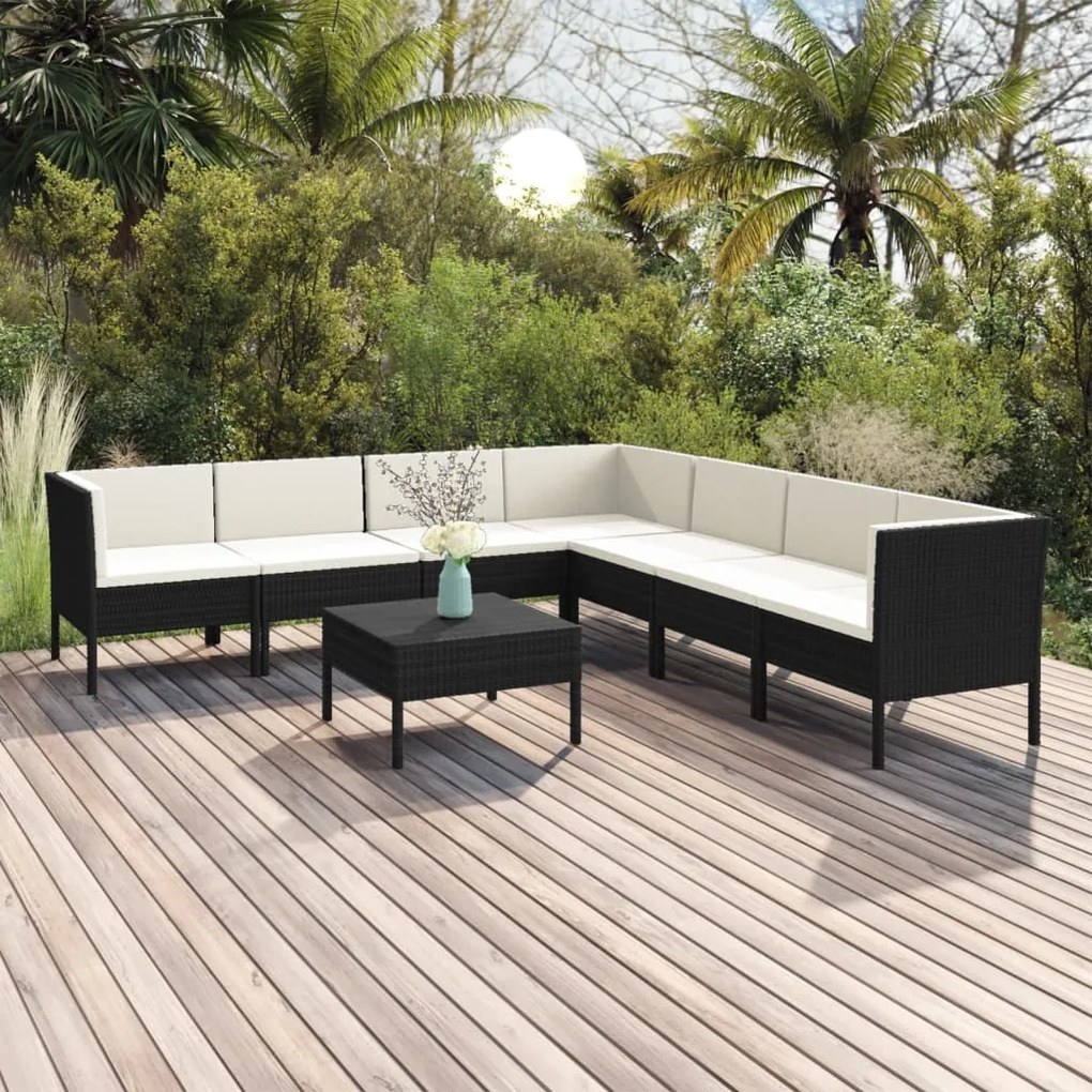 vidaXL 8 pcs conjunto lounge de jardim c/ almofadões vime PE preto