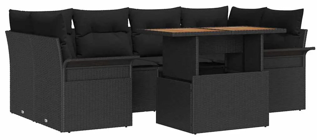 Conjunto de sofá de jardim de 7 peças com almofadas pretas em rattan