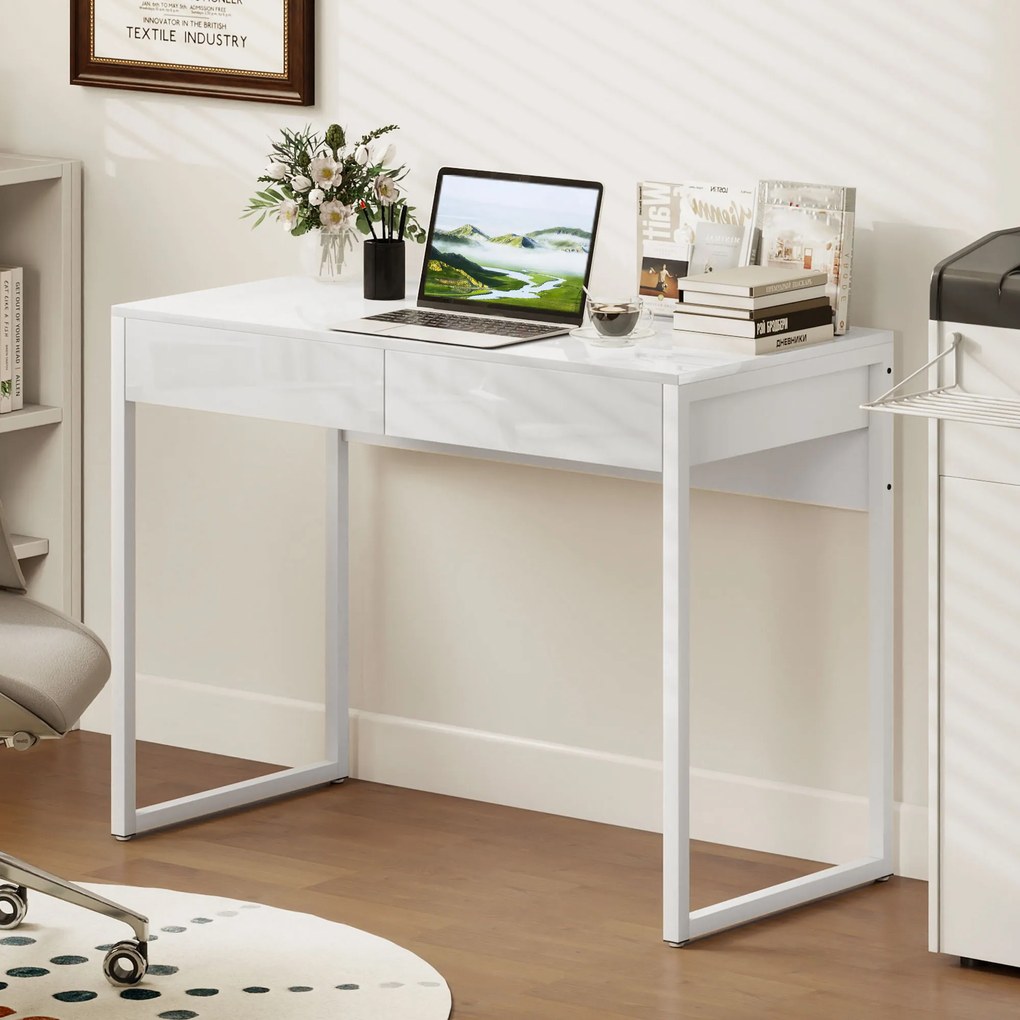 Secretária com 2 gavetas, mesa para computador de 100 x 50 cm, secretária moderna com base em aço, para espaços pequenos, branco brilhante