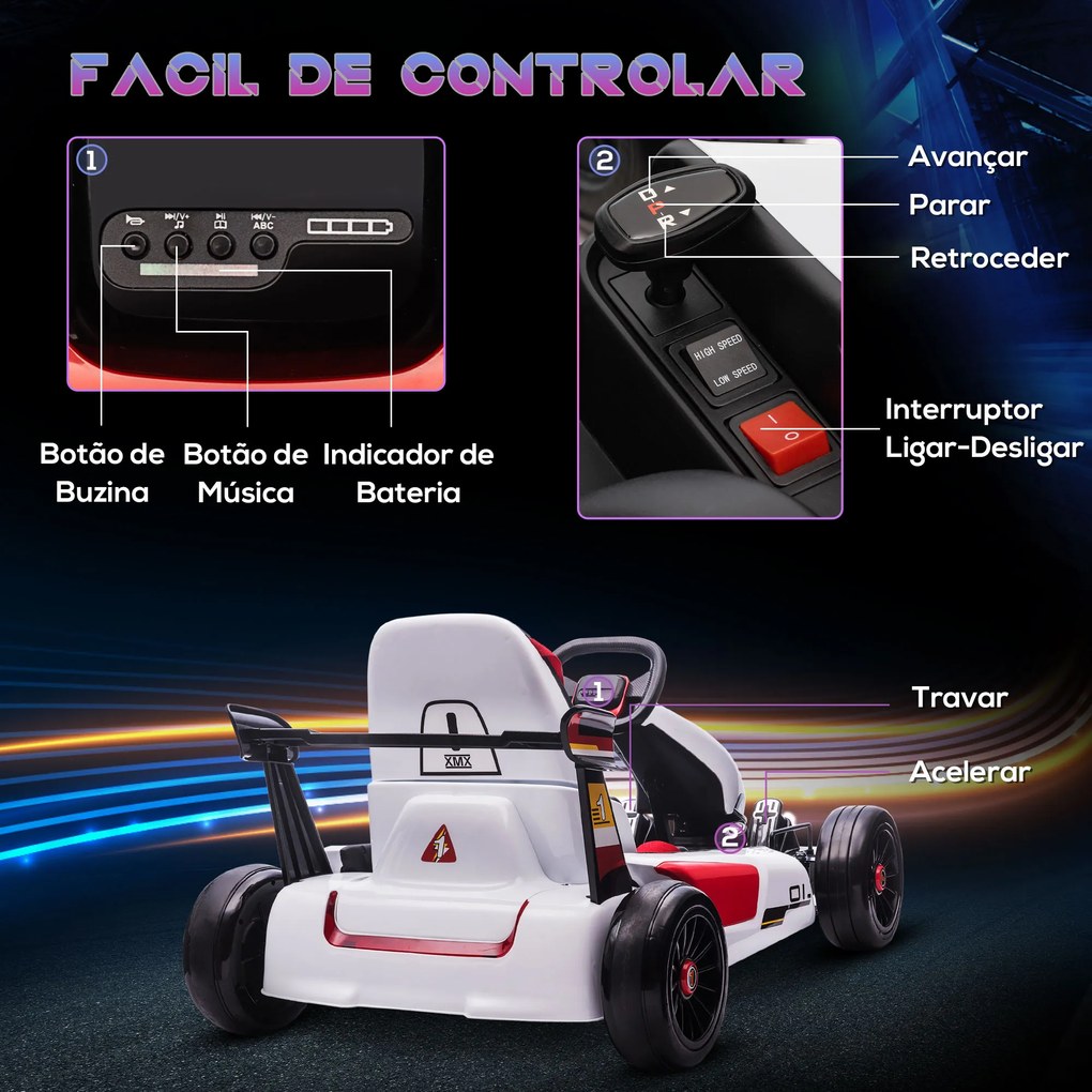 HOMCOM Kart Elétrico para Crianças de 4-8 Anos Go Kart Racing de Bateria 12V com Velocidade 3-6 km/h Controlo Remoto Música Buzina Carga Máxima 50kg 116x74x57,5cm Branco