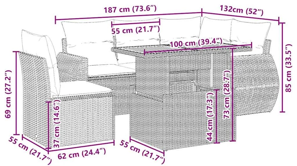 6 pcs conjunto de sofás p/ jardim com almofadões vime PE bege