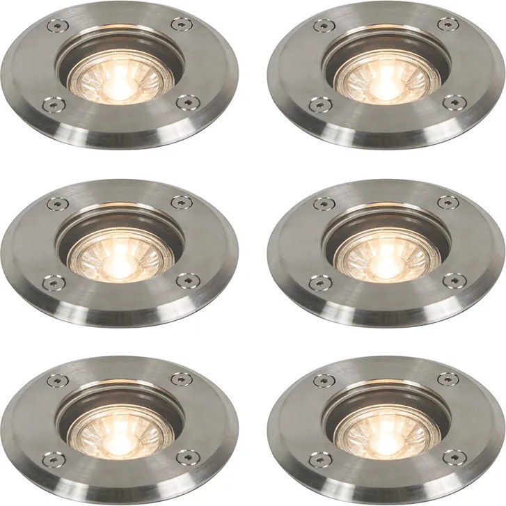 Conjunto de 6 projetores de chão para exterior aço 11cm IP67 - Basic Round