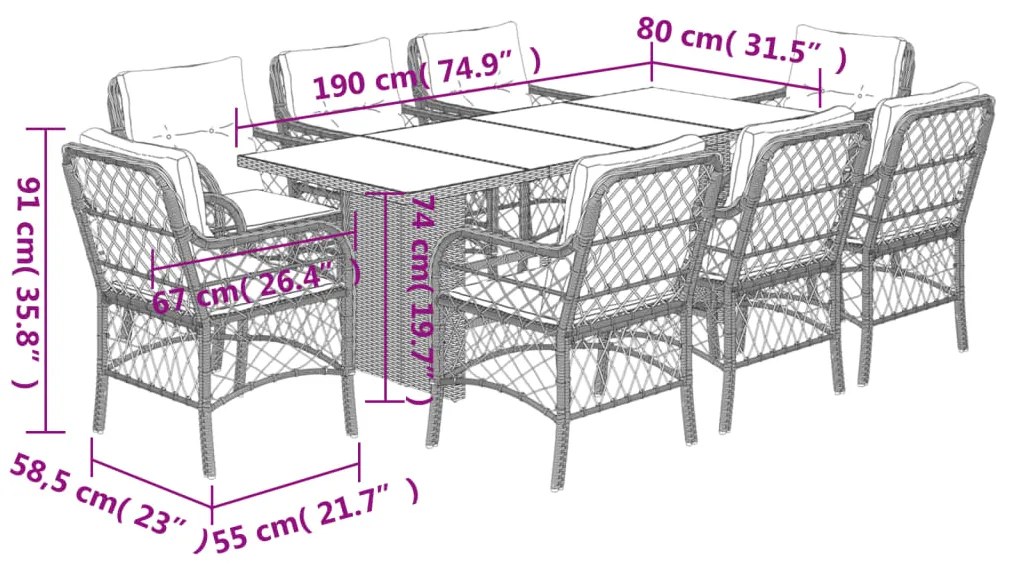 9 pcs conjunto de jantar p/ jardim c/ almofadões vime PE preto