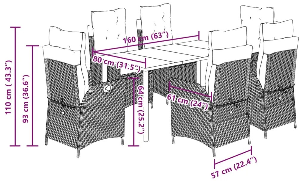 7 pcs conjunto de jantar p/ jardim com almofadões vime PE bege