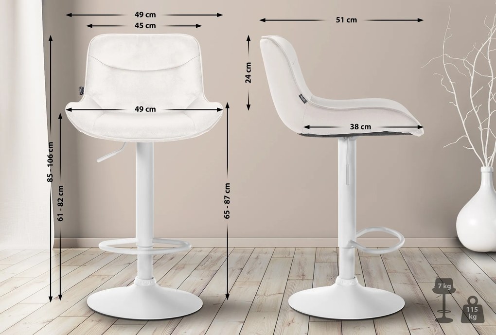 Banco alto em veludo com estrutura branca 85-106 x 49 x 51 cm cor creme