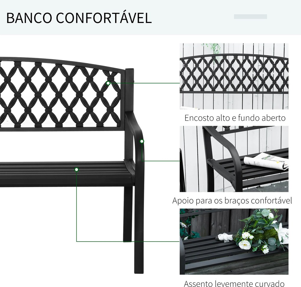 Banco de Jardim de 2 Lugares com Encosto Decorativo e Apoio para os Braços para Terraço Varanda Pátio Exterior Carga 280kg Ferro Fundido e Aço 128x58,
