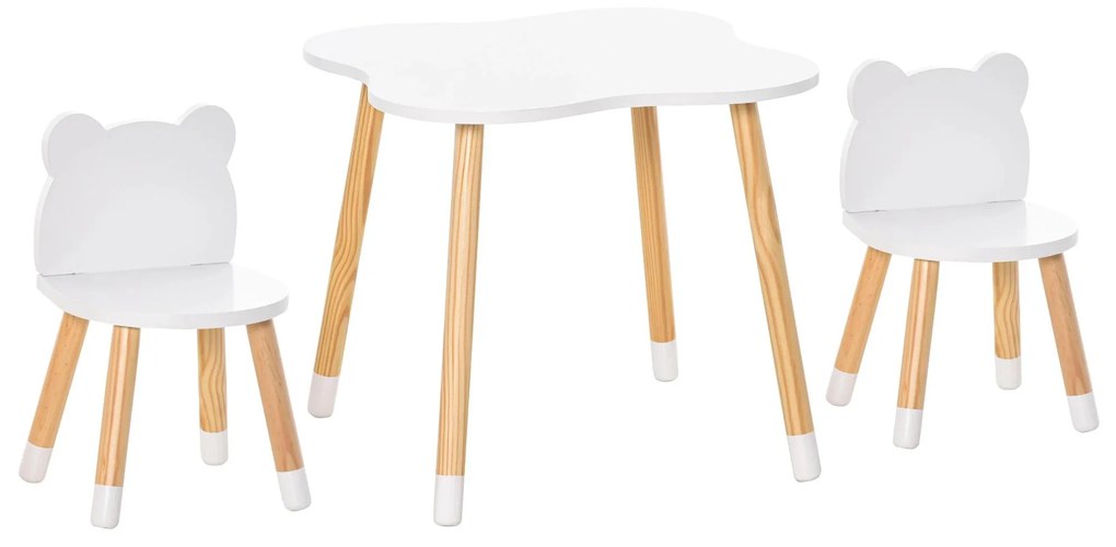 HOMCOM Conjunto Infantil de Mesa e 2 Cadeiras de Madeira Móveis Infantil para Sala de Jogos Dormitório de Crianças Mesa 56x56x50cm e Cadeira 28x25x46cm Branco