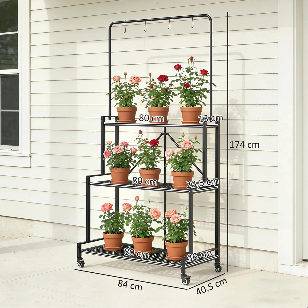 Suporte para plantas de 3 níveis com Rodas 84 x 40,5 x 174 cm, prateleira dobrável para flores em metal com 4 ganchos, preto