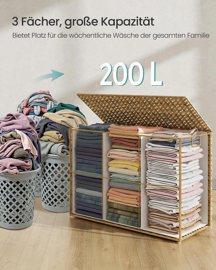 Cesto para roupa suja 200 litros em rattan sintético com 3 compartimentos, 86 x 40 x 61 cm cor natural