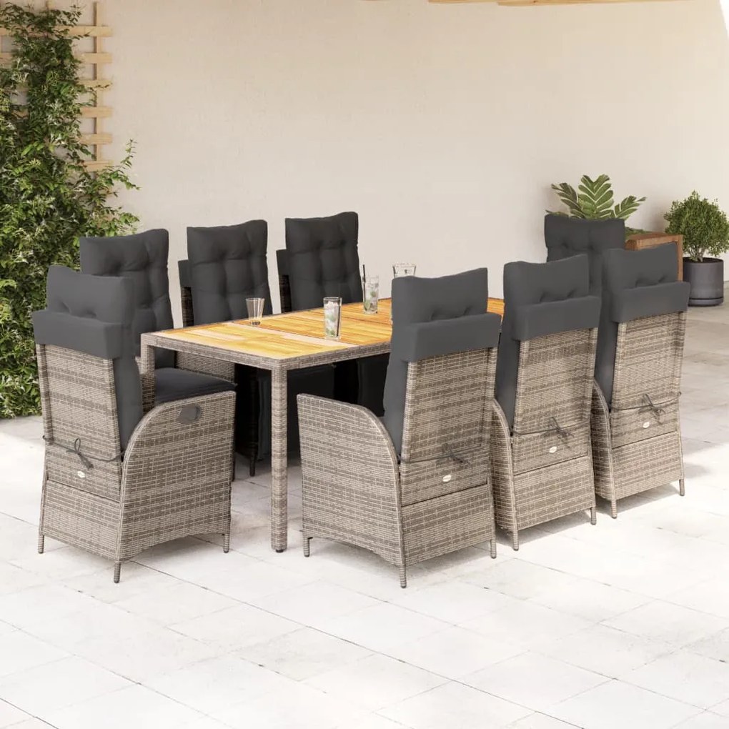 vidaXL 9 pcs conjunto de jantar p/ jardim c/ almofadões vime PE cinza