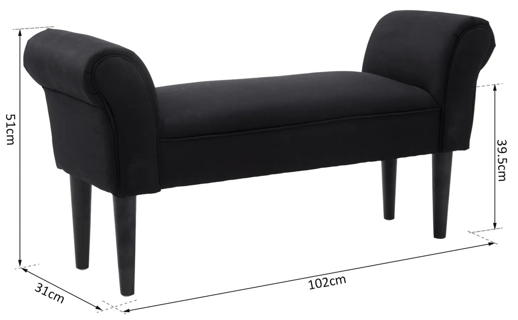 Banco de Pé de Cama Banco com Braços Curvados Estofado e Pés de Madeira Carga Máxima 130kg 102x31x51cm Preto