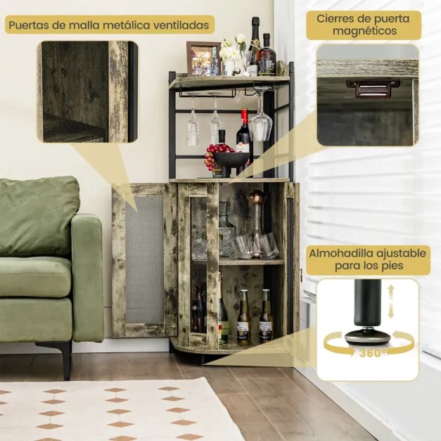 Garrafeira de canto com suporte para copos de vidro Portas em rede metálica Estante ajustável Armário para vinhos ajustável para cozinha Sala de janta