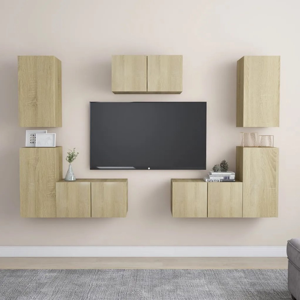 7pcs conjunto móveis de TV derivados de madeira carvalho sonoma