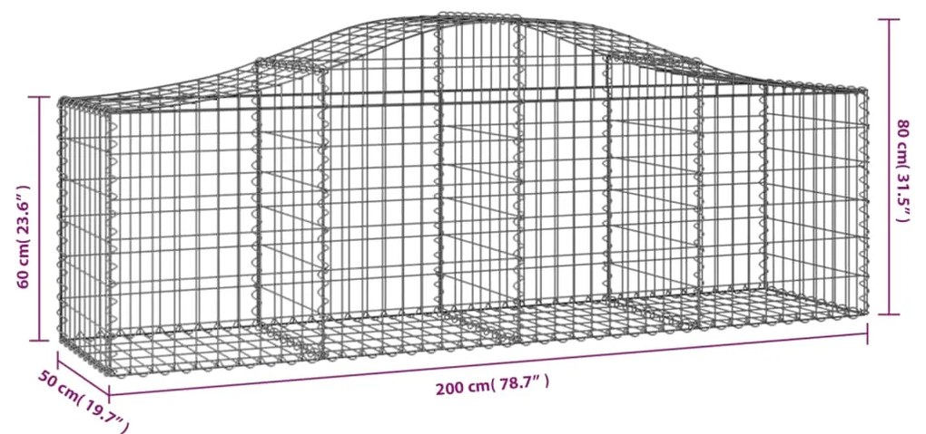 Cestos gabião arqueados 3 pcs 200x50x60/80 cm ferro galvanizado