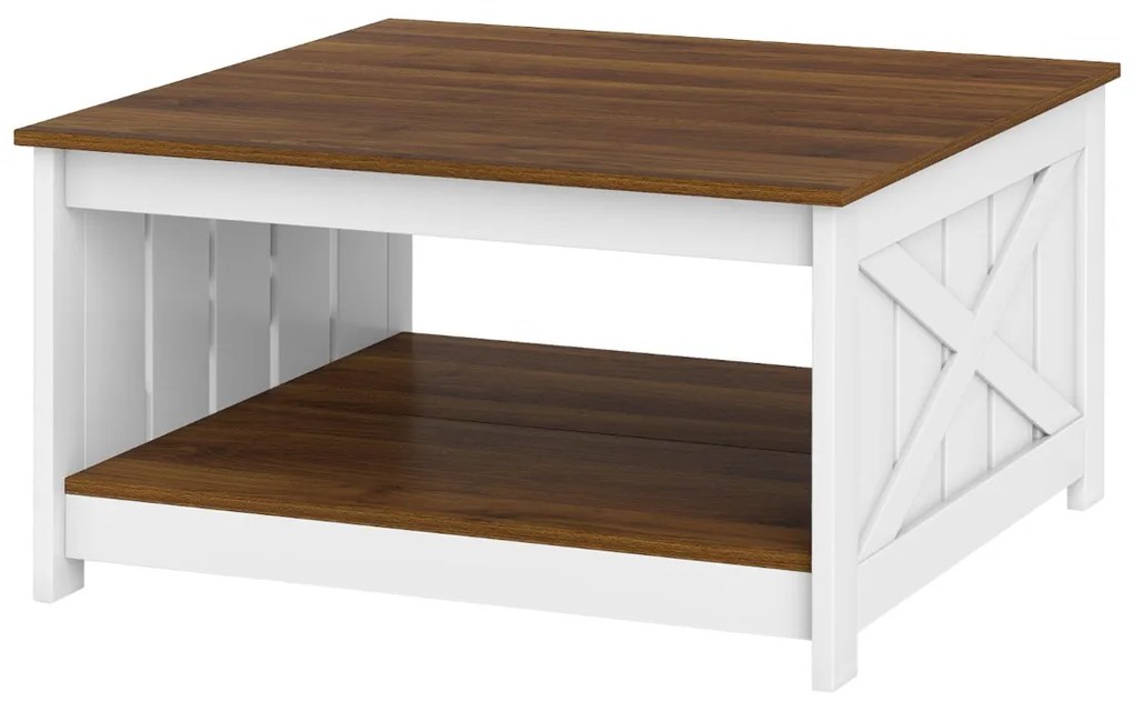 Mesa de centro de 2 níveis com prateleira de armazenamento aberta quadrada para cocktails estilo 78 x 78 x 44 cm Branca e castanha