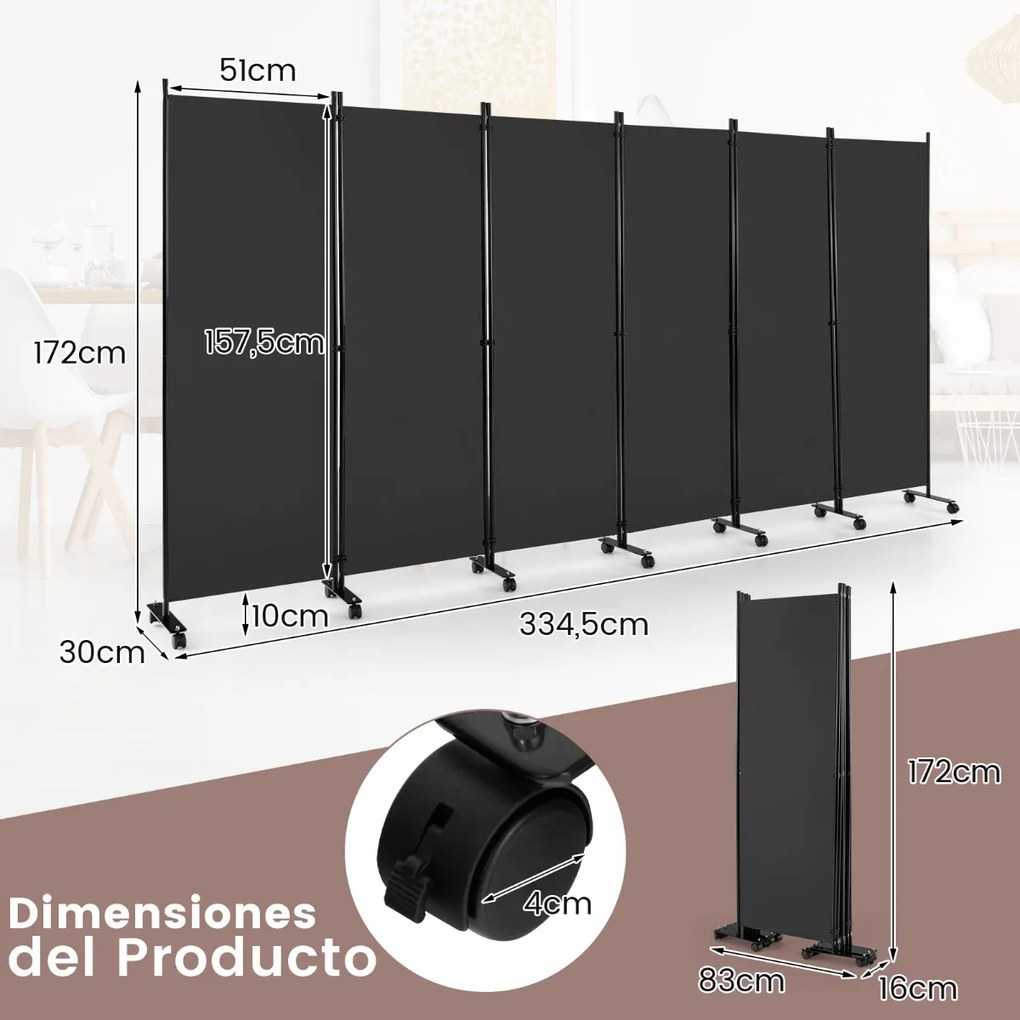 Biombo Divisória de 6 painéis com calhas bloqueáveis Divisória de sala e quarto 334,5 x 30 x 172 cm Cinzento
