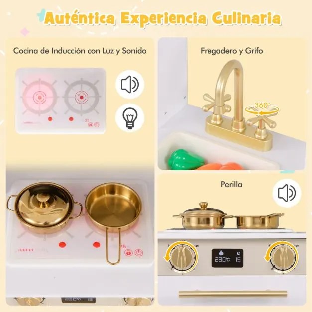 Cozinha brincar para crianças 60 x 31 x 95 cm de 2 peças com fogão, frigorífico e cartaz interativo com luzes e sons para maiores de 3 anos Branco