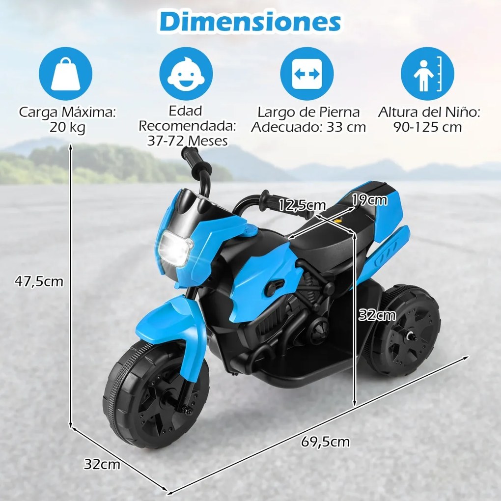 Mota elétrica 6V para crianças com sons, luzes LED, rodas antiderrapantes, botão de arranque para 1-3 anos, azul marinho