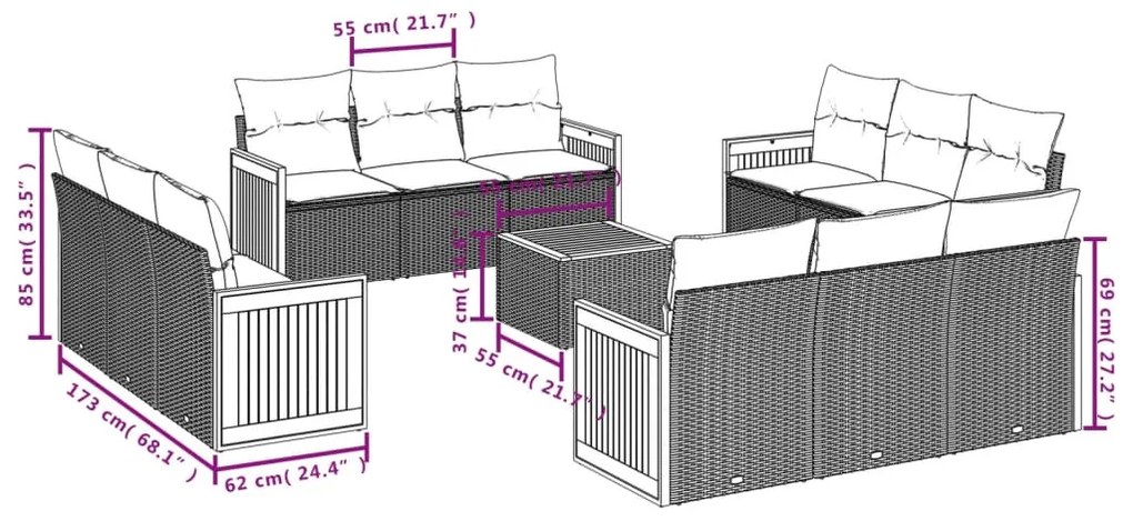 13 pcs conjunto de sofás de jardim com almofadões vime PE preto