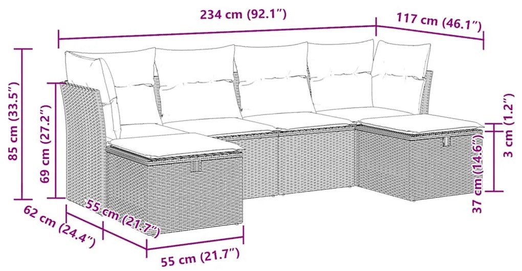 6 pcs conjunto de sofás jardim c/ almofadões vime PE castanho