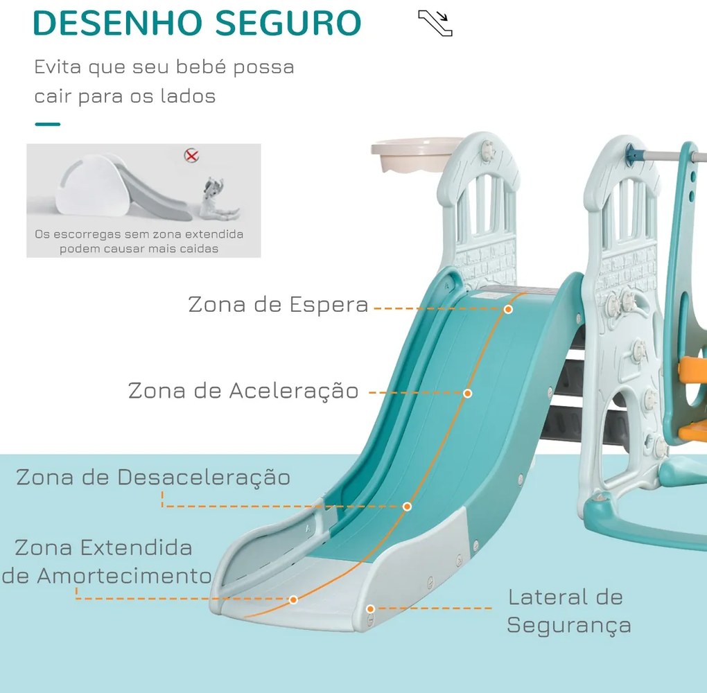 5 em 1 Escorrega e Baloiço para Crianças acima de 18 meses com 2 Cestas de Basquetebol Porteria de Futbol com Assento Ajustável Parque Infantil Interi