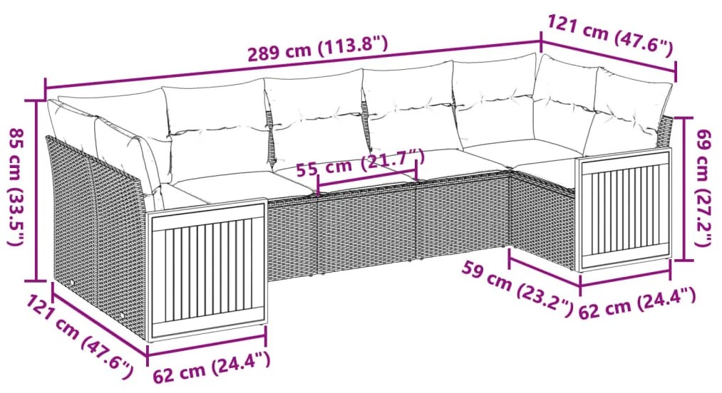 7 pcs conjunto de sofás p/ jardim com almofadões vime PE bege