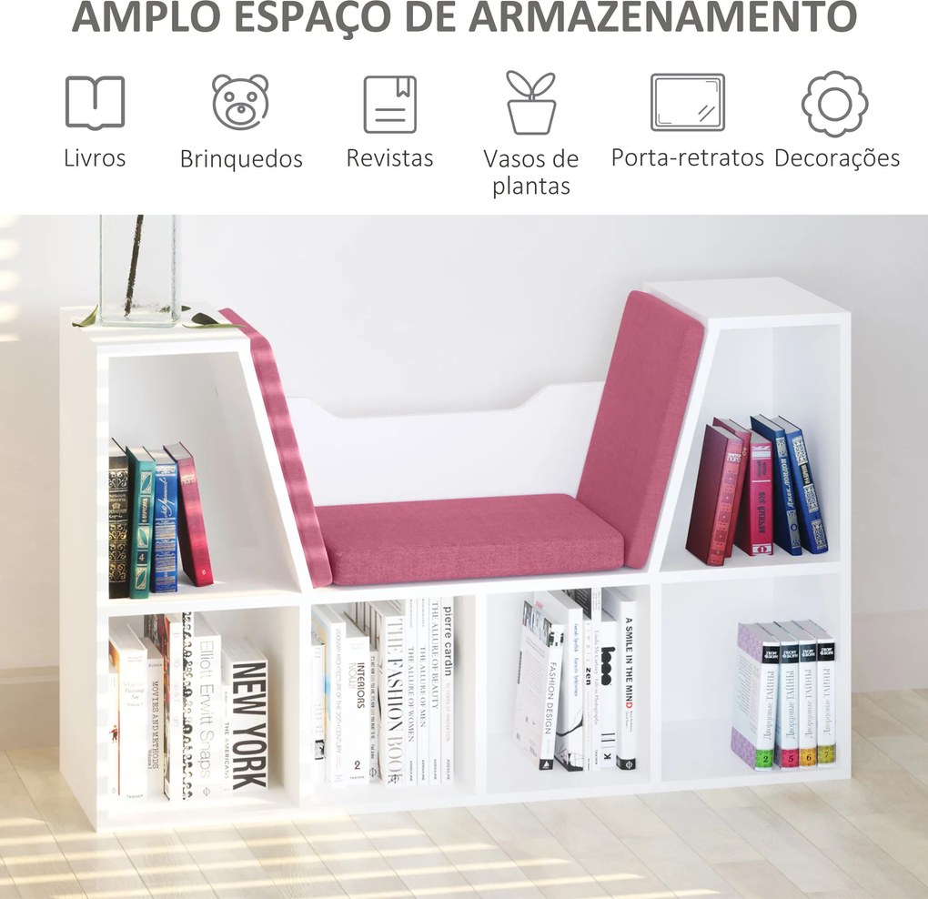 Estante 102x30x61cm com Assento Estante com 6 Cubos e Banco com Almofada 102x30x61cm Branco e Rosa