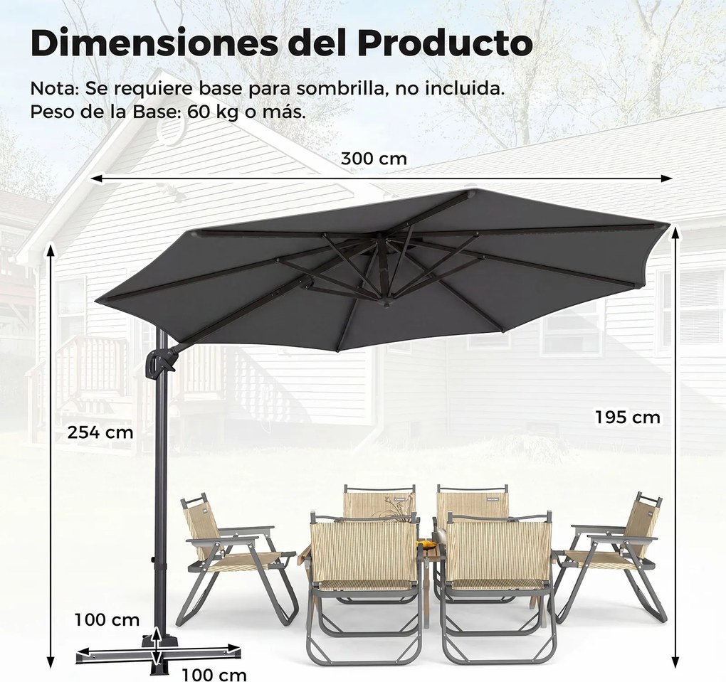 Guarda sol de Jardim, 300 x 254 x 190 cm, Rotação de 360° (BASE NÃO INCLUIDA), Cinzento