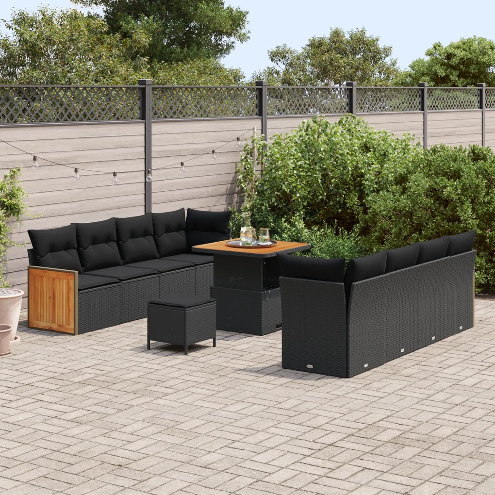 Conjunto de Sofá de Jardim vidaXL com 11 Peças e Almofadas Preto Ratta