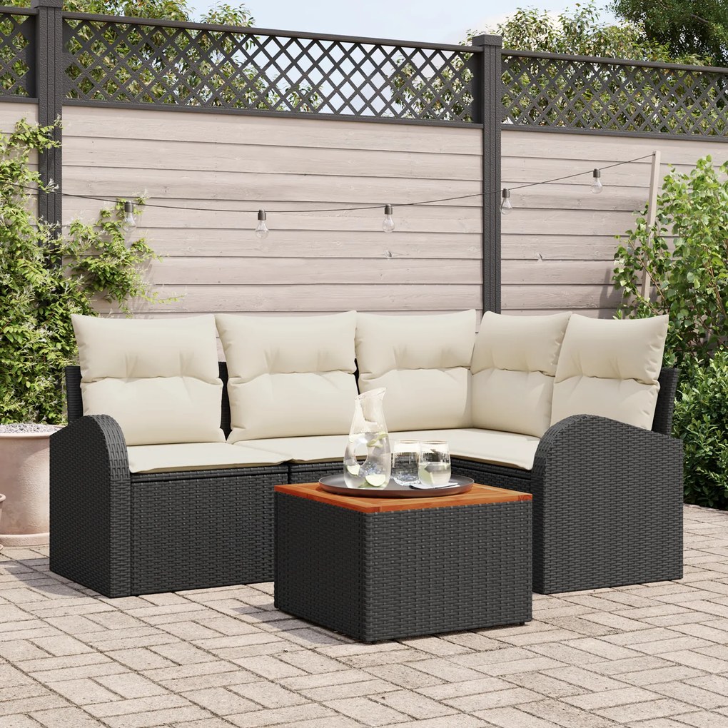 Conjunto de Sofá de Jardim de 5 Peças com Almofadas Rattan Preto Polié